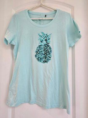 Tommy Bahama 100% Cotton Mint Green Sequined Pineapple Tee, Size Medium